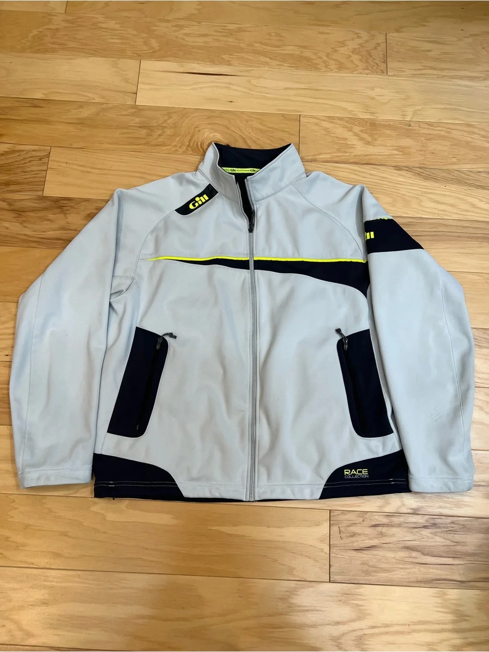 Gill race collection softshell Light Gray Jacket with black and Neon Yellow Trim